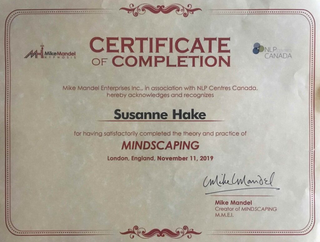 Susanne Hake Mindscaping von Mike Mandel zertifiziert - Dokument