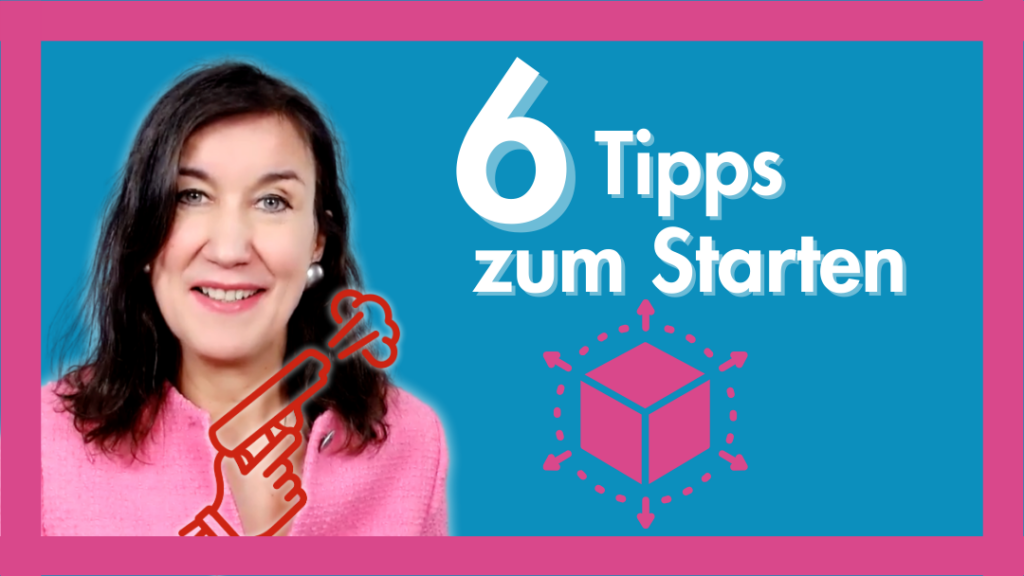 Frau mit Illustration Startpistole und Wuerfel mit 6 Seiten