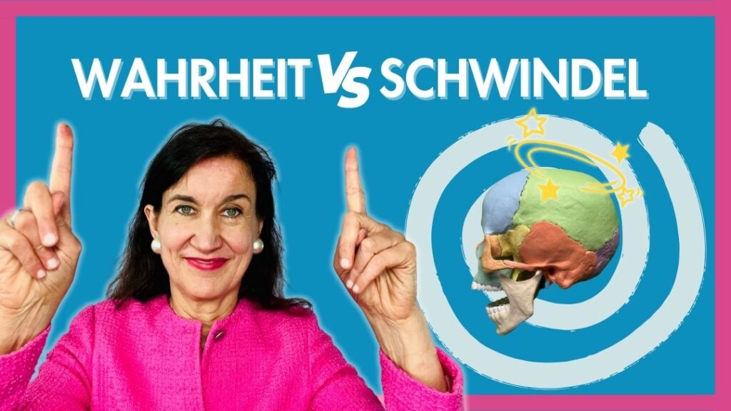Eine Frau weist auf Schwindel und Vertigo hin. Osteopathie-Modell-Kopf mit Vertigo